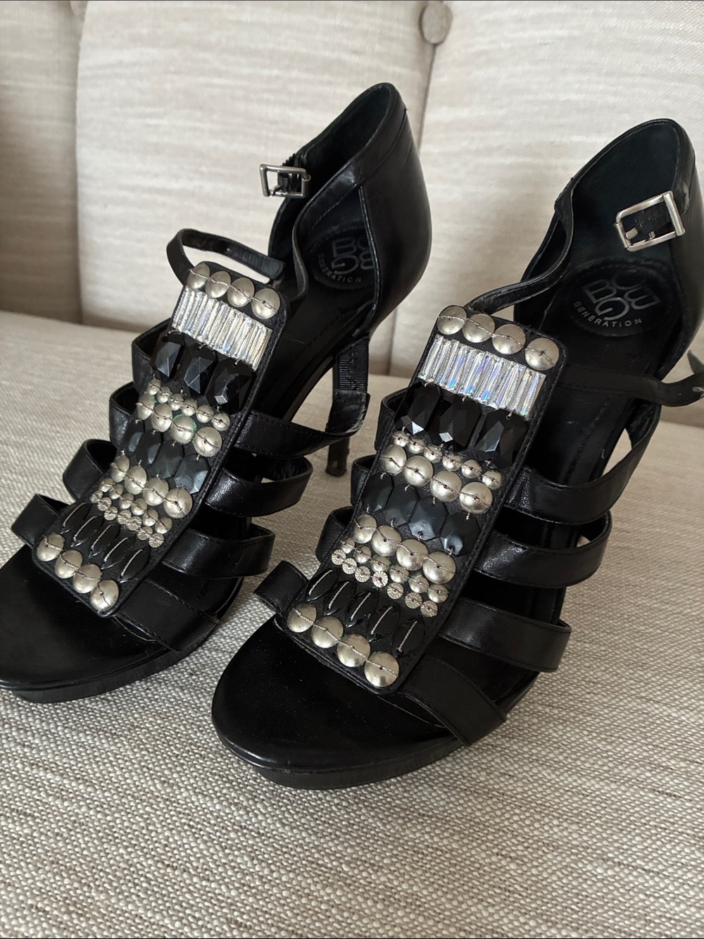 BCBGeneration Embellished Strappy Stiletto Sandals, Studded Cage Heels Size 6.5